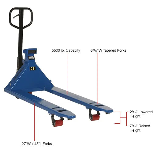 Global Industrial™ Manual Pallet Jack Scale Truck, 5500 lb. Capacity, 27"W x 48"L Forks